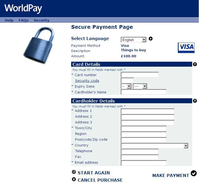 WorldPay secure payment page showing fields for card and cardholder details.