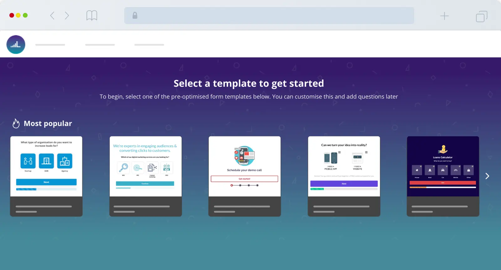 Form builder template selection screen showing various pre-optimized options.