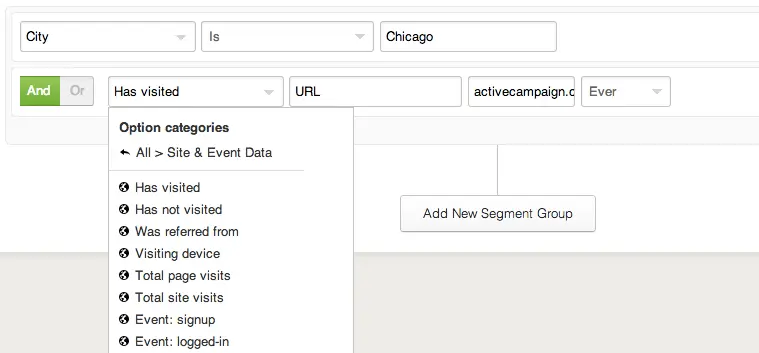 ActiveCampaign site and event tracking user segment configuration options.