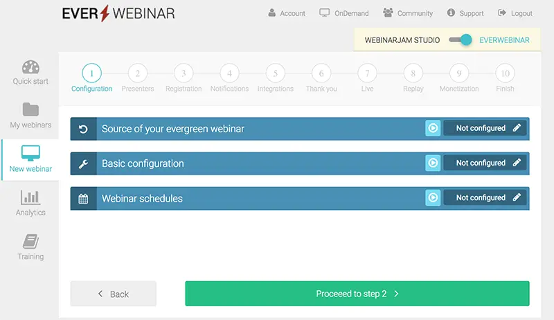 EverWebinar configuration panel displaying webinar setup options.