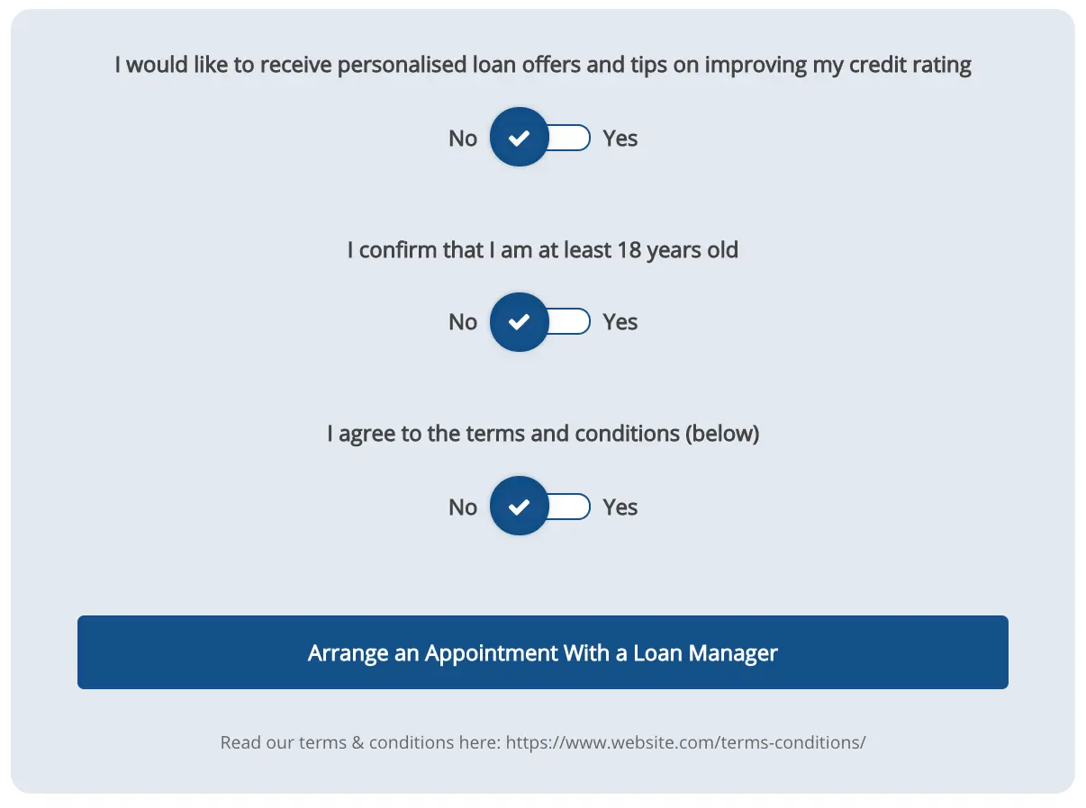 Loan application form showing consent questions under GDPR guidelines.