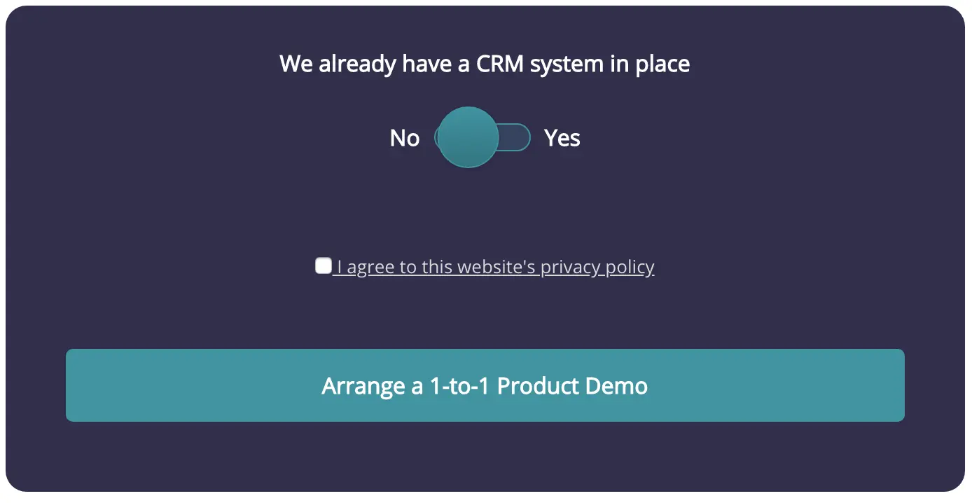 CRM system selection interface showing options for existing systems and a demo request.