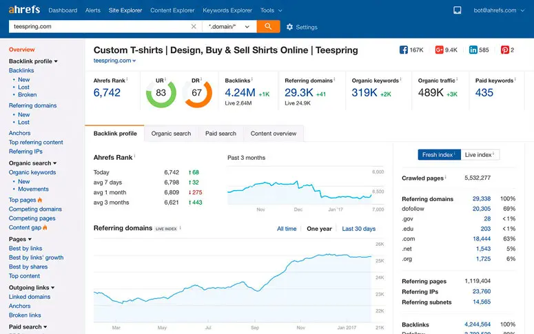 Ahrefs overview showing backlink metrics and site performance.