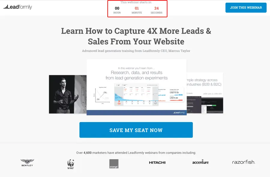 Leadformly webinar countdown timer showing minutes and seconds remaining.