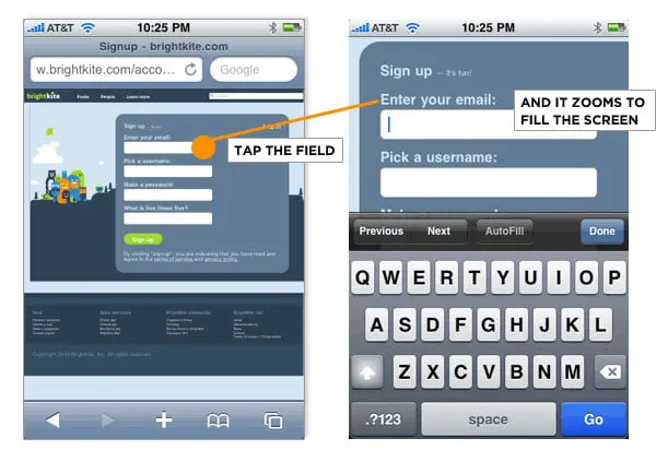 Brightkite signup page showing mobile input fields and zoom functionality.