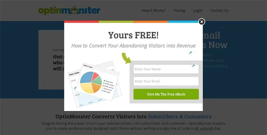 OptinMonster showing a popup for email subscription.