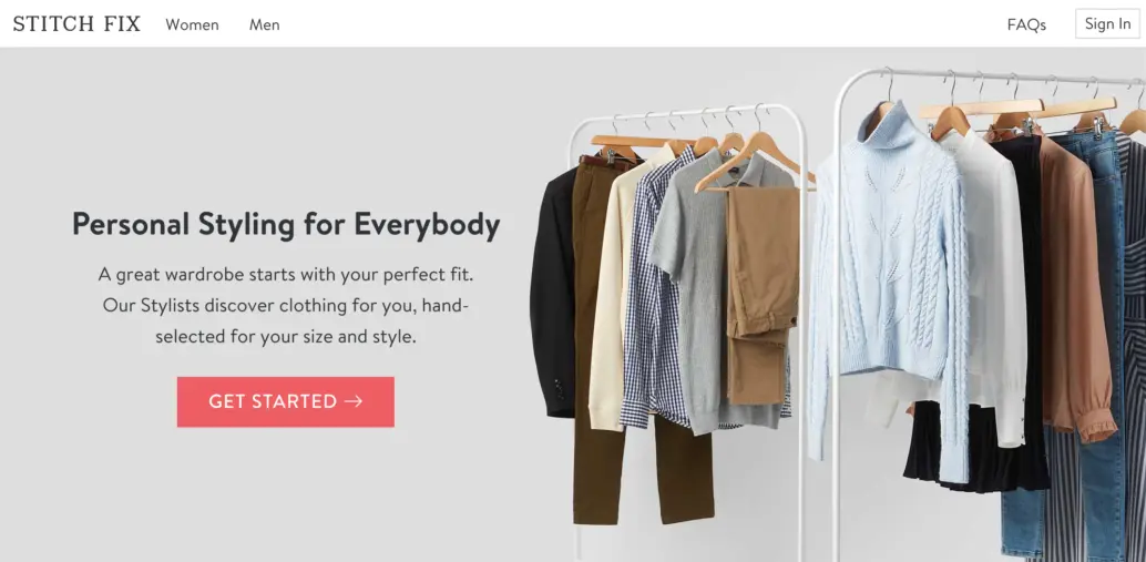 Stitch Fix website showcasing personalized clothing selection and styling services.