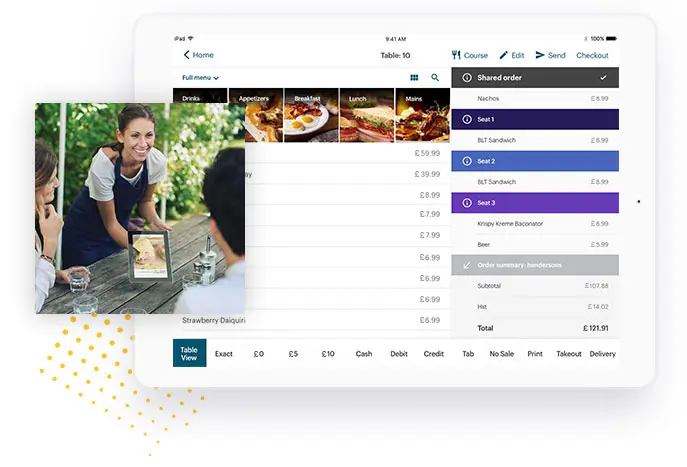 TouchBistro interface showing shared order and menu items.