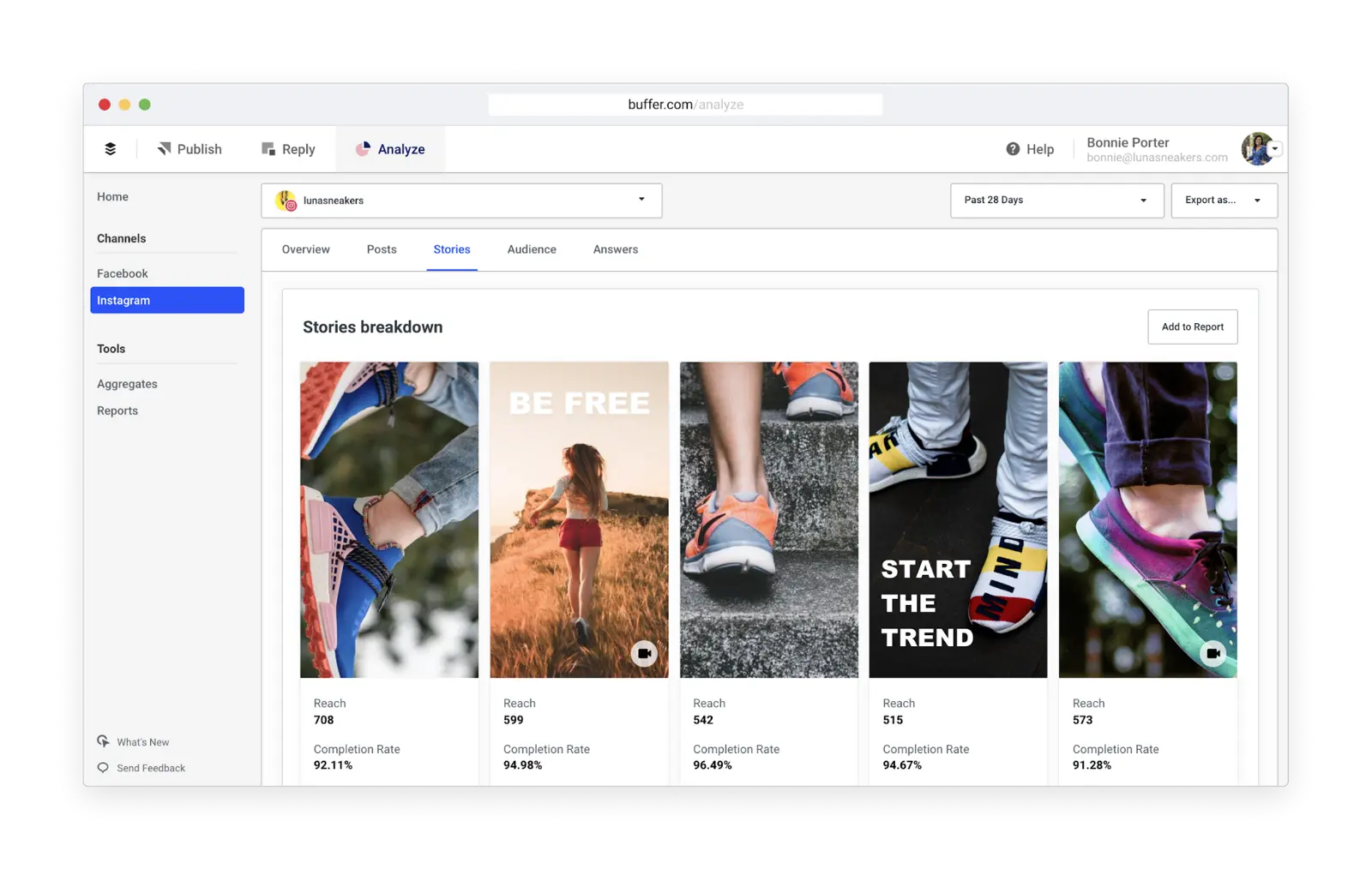 Buffer's Instagram Stories breakdown showing engagement metrics and completion rates.
