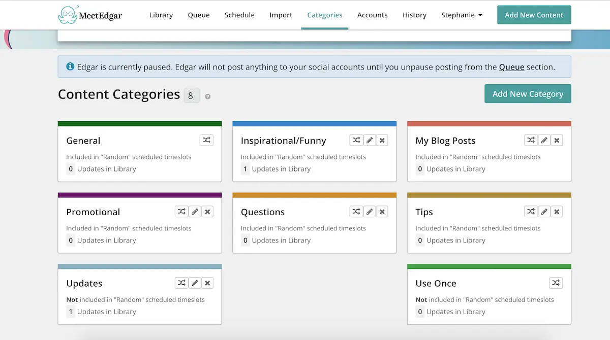MeetEdgar content categories overview showing scheduling options and updates.