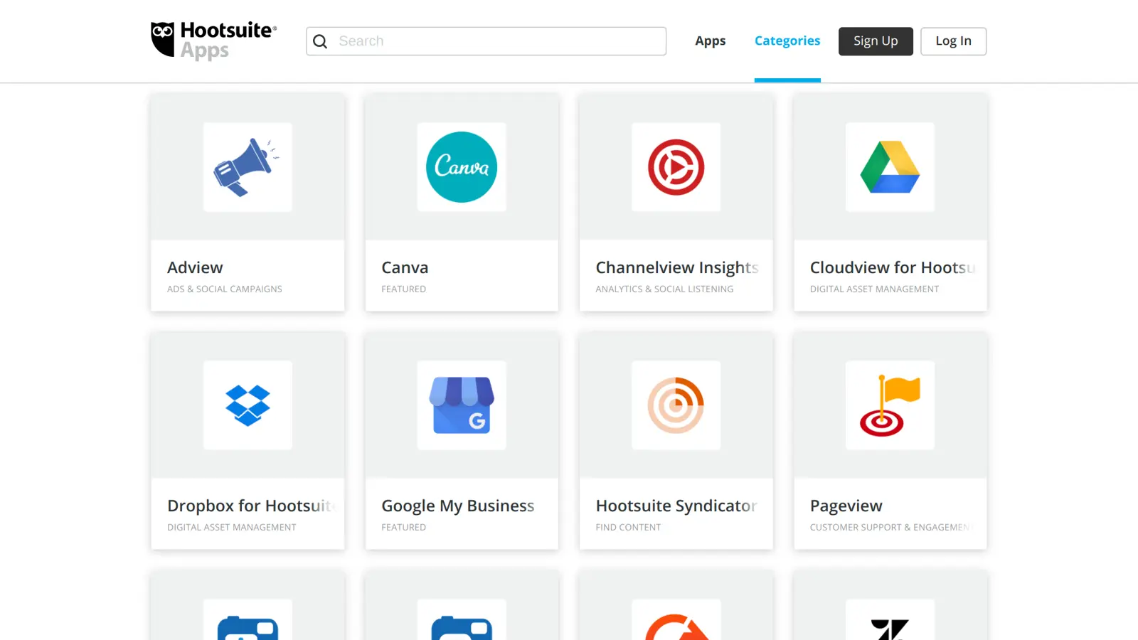 Hootsuite app directory showcasing various tool integrations.
