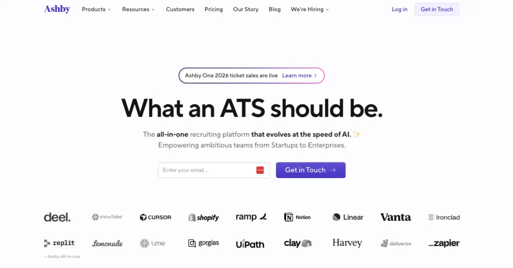 Ashby recruitment platform homepage showcasing features and call-to-action.