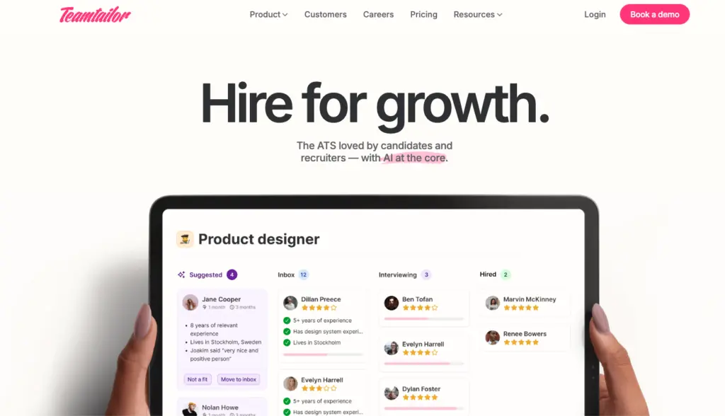 Teamtailor candidate management interface showing suggested candidates and their ratings.
