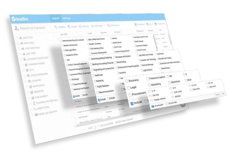 Leadiro contact search interface showing filtering options for various functions and industries.