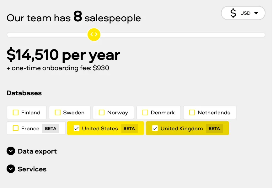 Pricing and database options with highlighted beta indicators for specific countries.