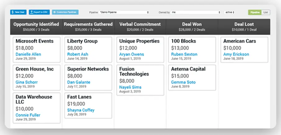 Nimble pipeline management showing deals and status updates.