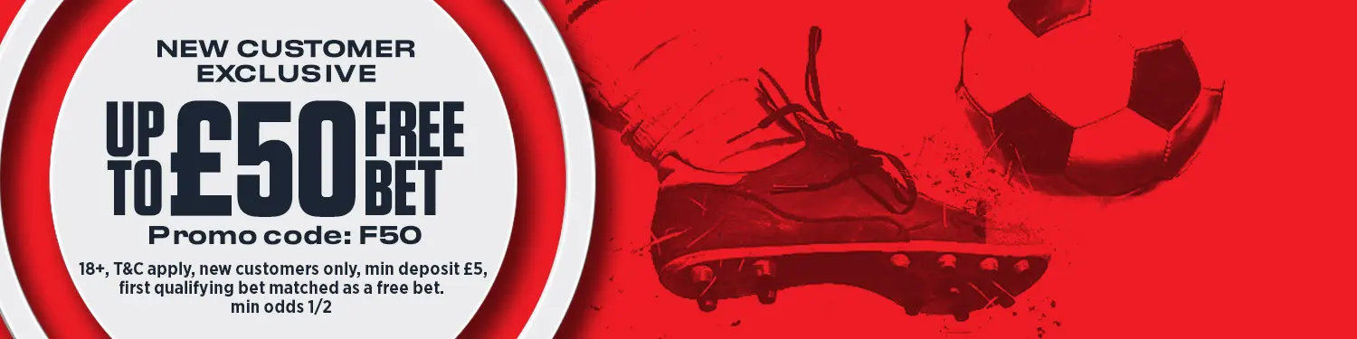 F50 promotional banner for a free bet offer.