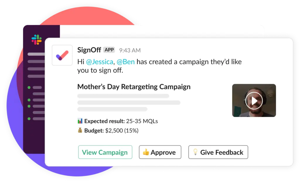 SignOff app showcasing campaign approval details for Mother's Day campaign.