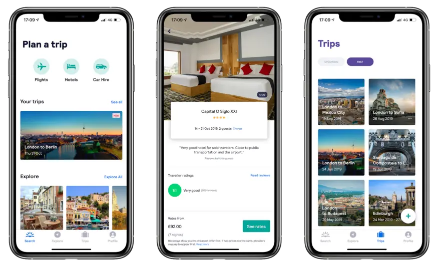 Skyscanner app displaying trip planning and accommodation options.