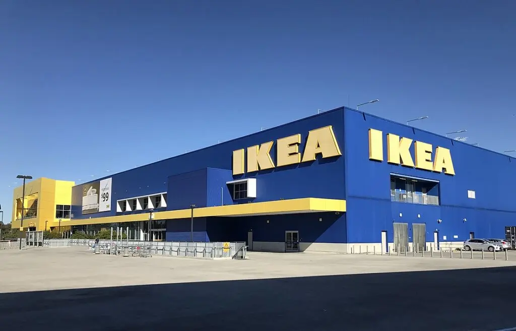 IKEA store exterior showcasing blue and yellow branding.