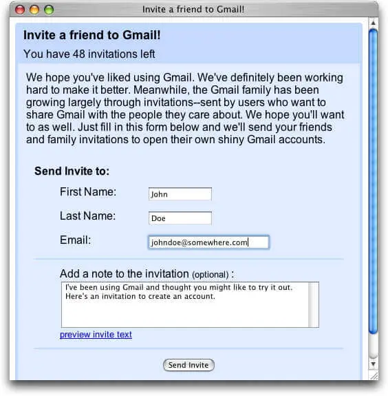 Gmail invitation interface showing options to invite friends.