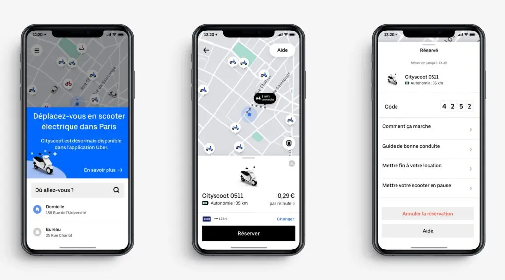 Cityscoot app interface showing electric scooter reservations in Paris.