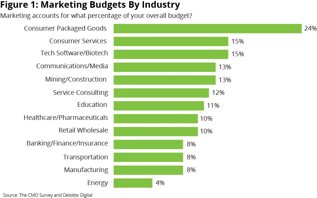 Marketing budgets by industry, showing Consumer Packaged Goods at 24%.