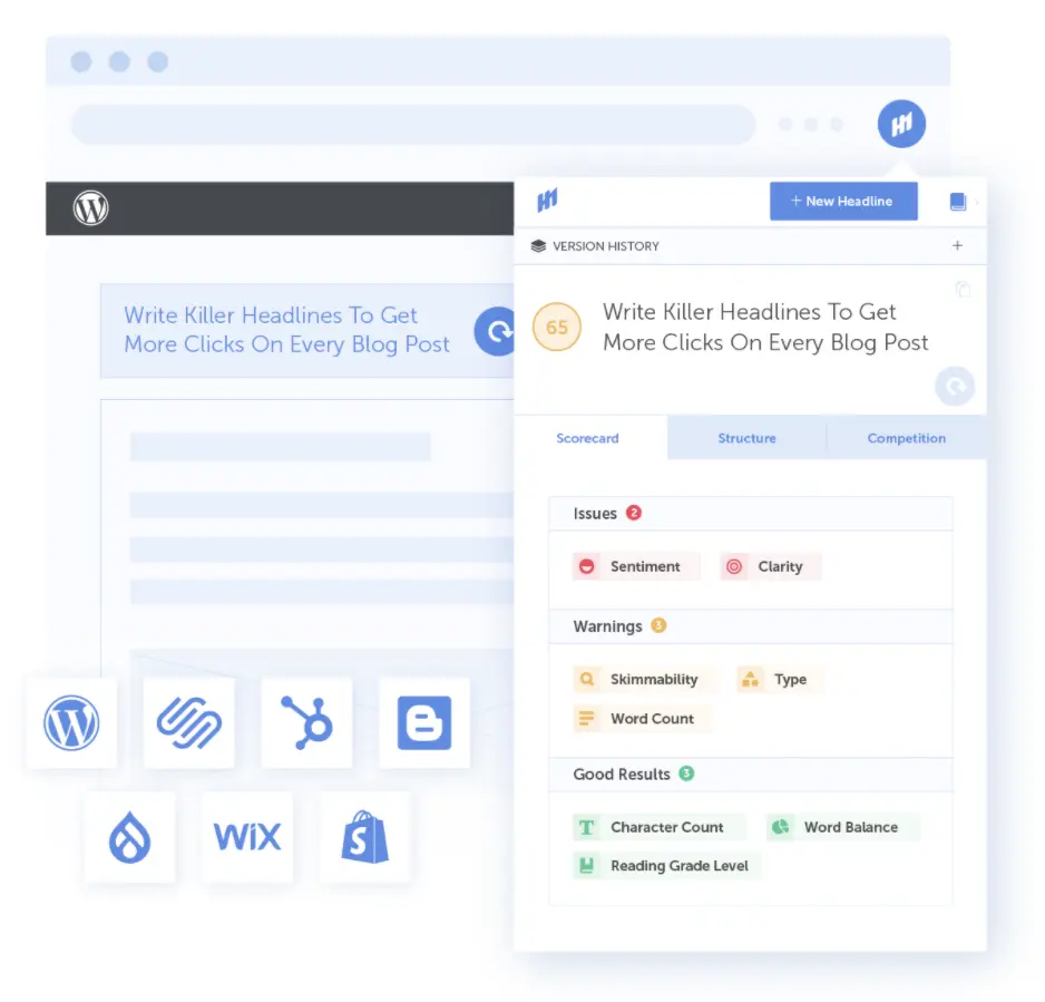 CoSchedule Headline Analyzer showing analysis scores and suggestions.