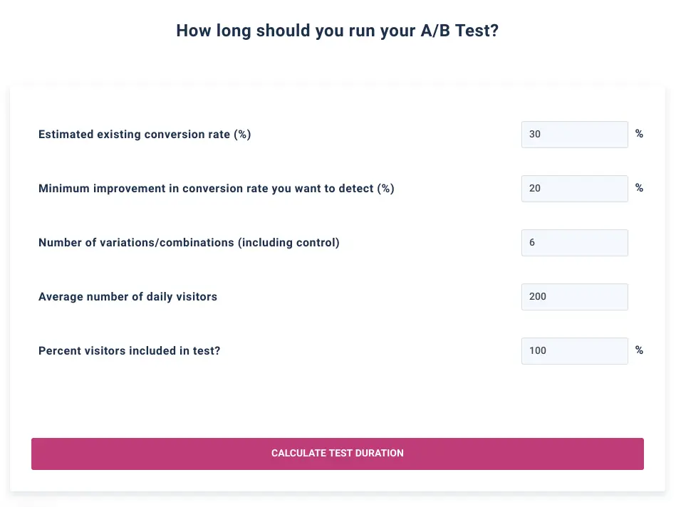 VWO A/B Split & Multivariate Test Duration Calculator interface showing input fields for test parameters.