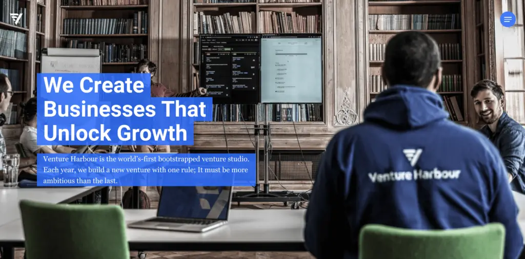 Venture Harbour website showing the hero section with branding and team members.