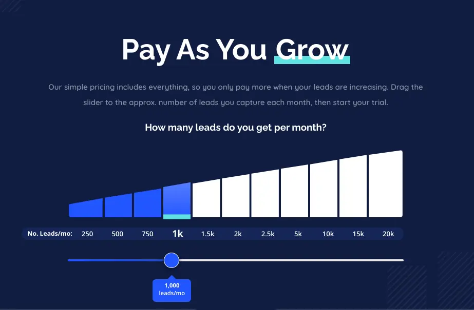 ConvertKit pricing slider showing lead capture tiers.
