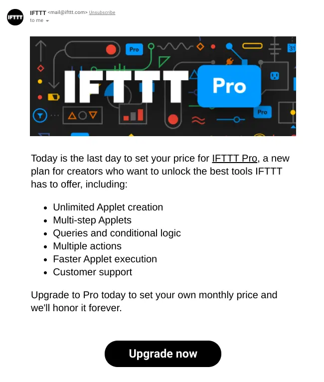 IFTTT Pro features and benefits list.