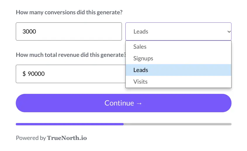 TrueNorth.io lead conversion calculator showing conversions and revenue input fields.