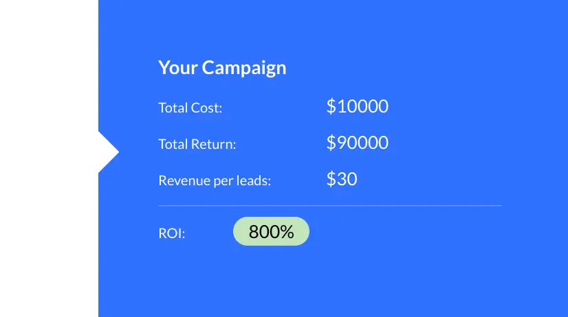 Campaign ROI calculator showing total cost, return, revenue per lead, and ROI percentage.