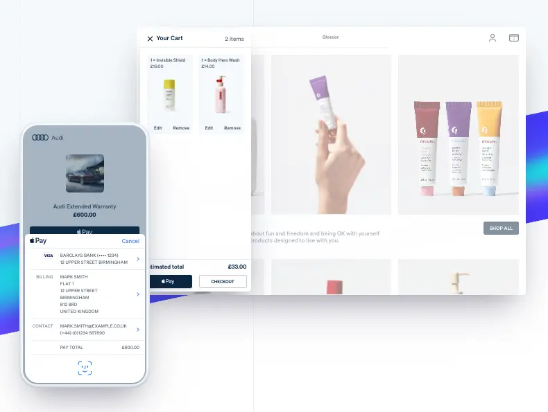 Apple Pay checkout interface displaying a cart summary and payment details.