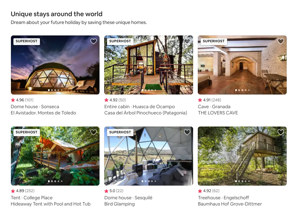Airbnb listings showcasing unique stays around the world.