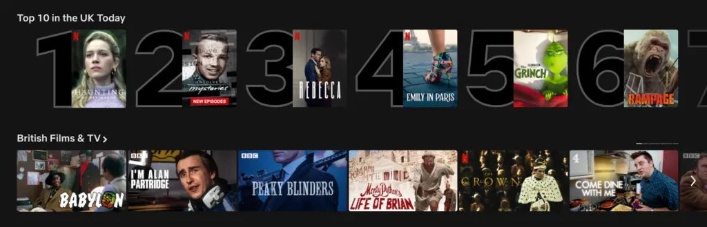 Netflix homepage showcasing the top 10 shows and movies in the UK.