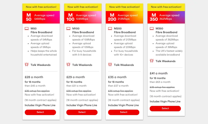 Virgin Media broadband packages showing average speeds and pricing.