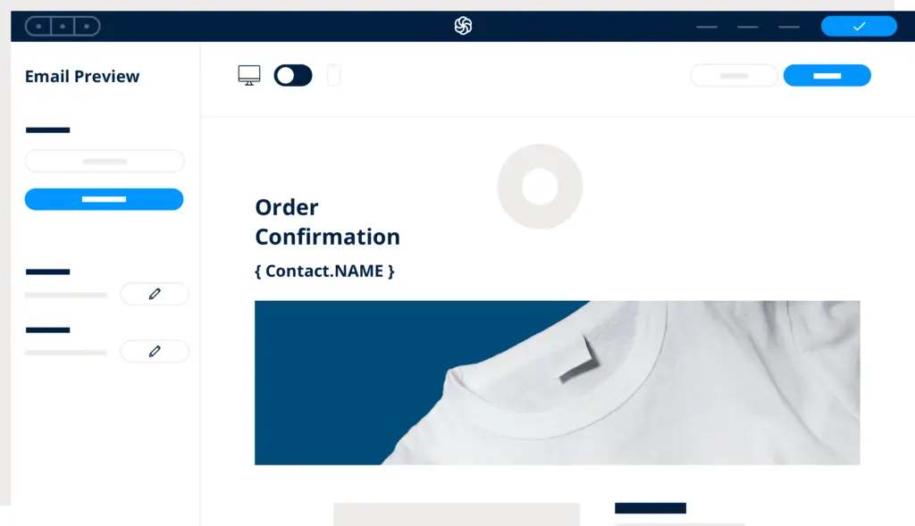Brevo email template editor displaying an order confirmation design.