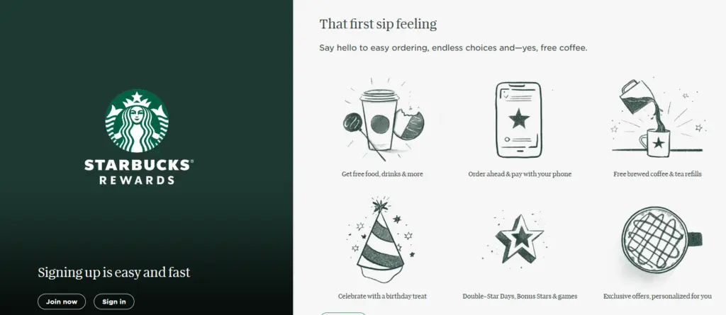 Starbucks Rewards features easy ordering, rewards, and coffee options.