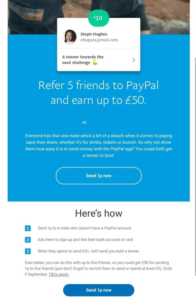 PayPal referral program instructions detailing steps to earn rewards.