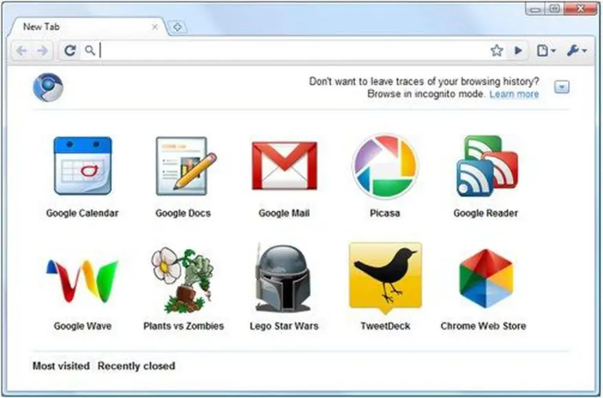 Google Chrome showing the New Tab page with various app icons.