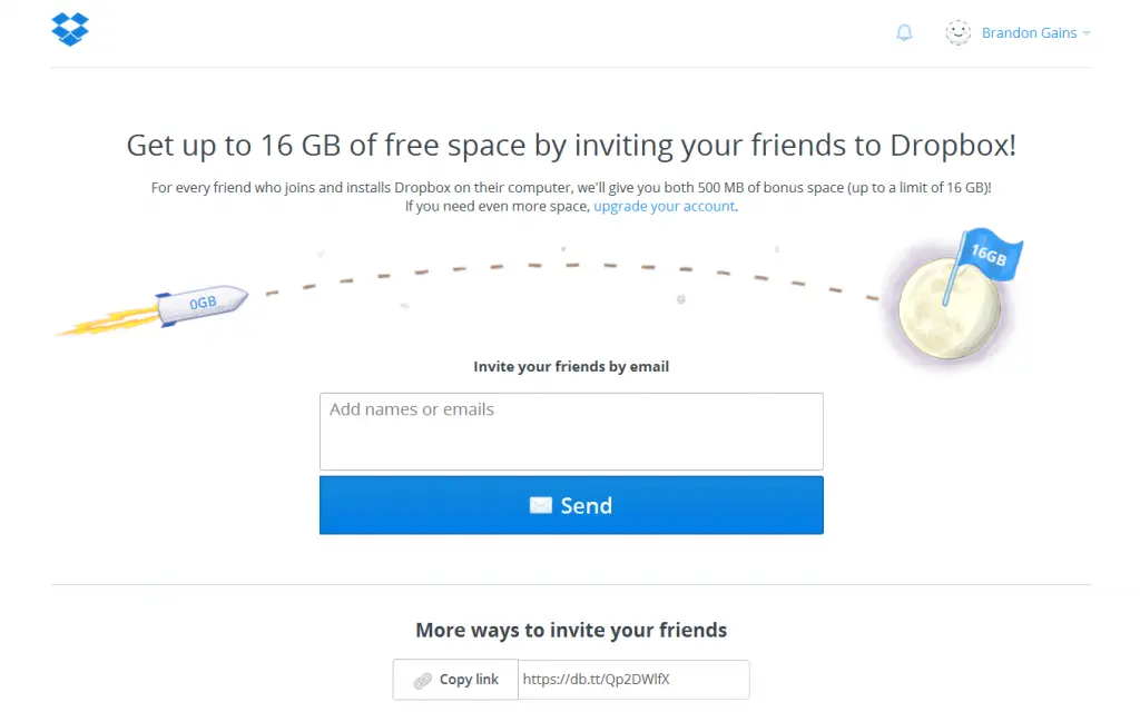 Dropbox referral program interface showing invitation options and bonus space details.