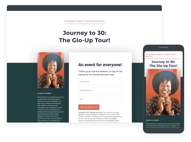 ConvertKit landing page with event details and sign-up form.