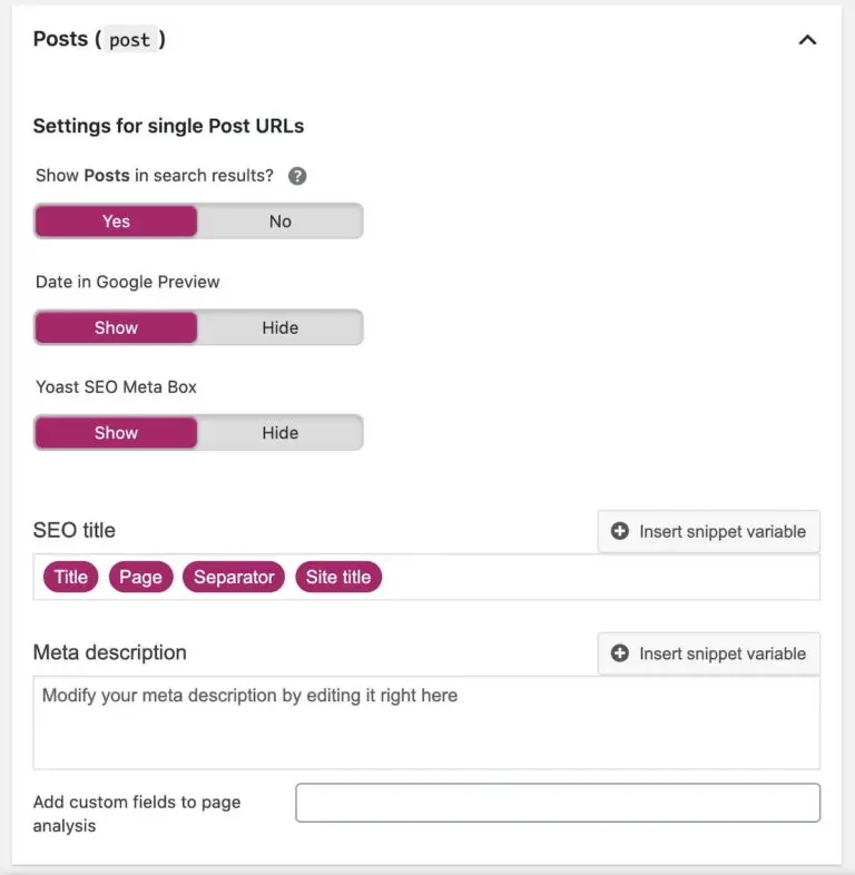 Yoast SEO search appearance title template showing optimization settings.