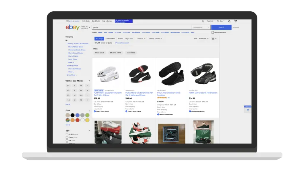eBay search results page displaying various sneaker listings.
