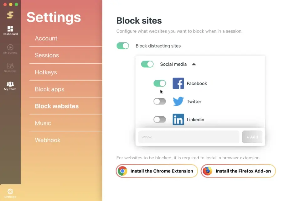 Block site settings showing website options for social media.