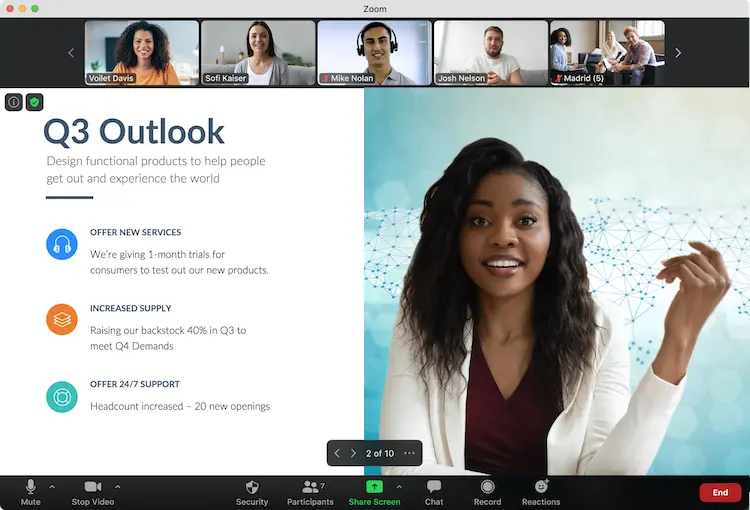 Zoom meeting interface showing participants and presentation on Q3 Outlook.