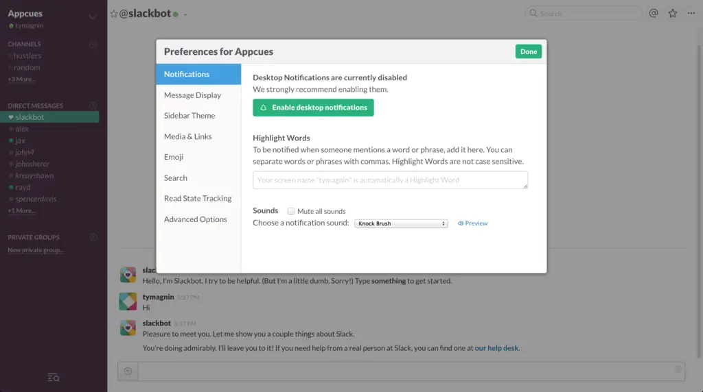 Slack app preferences showing notification settings.