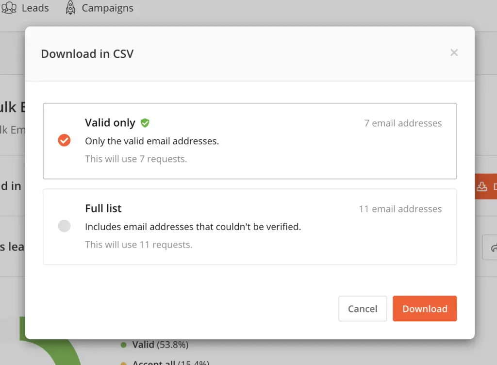 Bulk Email Finder showing options for downloading valid and full email lists.